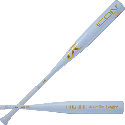 A light blue 2026 Rawlings Icon The Chosen One (-3) BBCOR Baseball Bat (RBB6IONE3) featuring gold lettering and logos, shown from two angles to highlight the handle and barrel details.