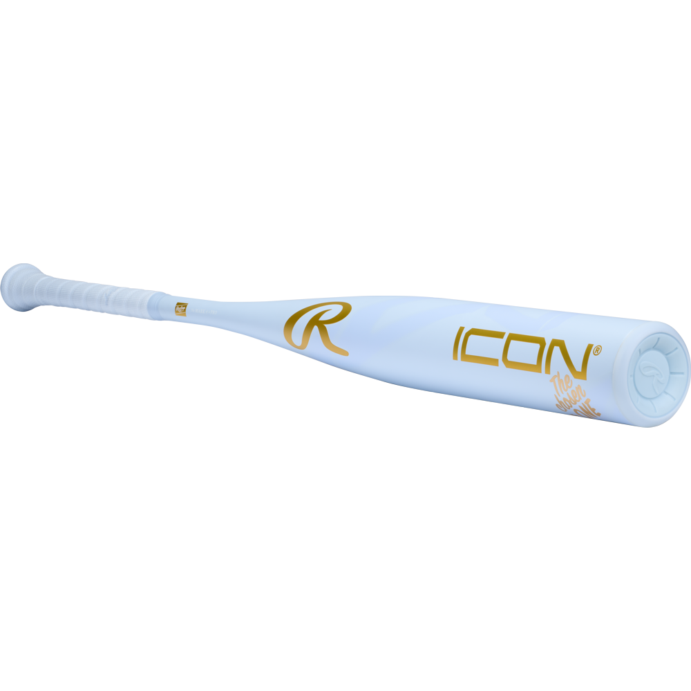 A white Rawlings 2026 ICON The Chosen One (-3) BBCOR bat with gold "ICON" lettering and a gold R logo is shown against a light background.