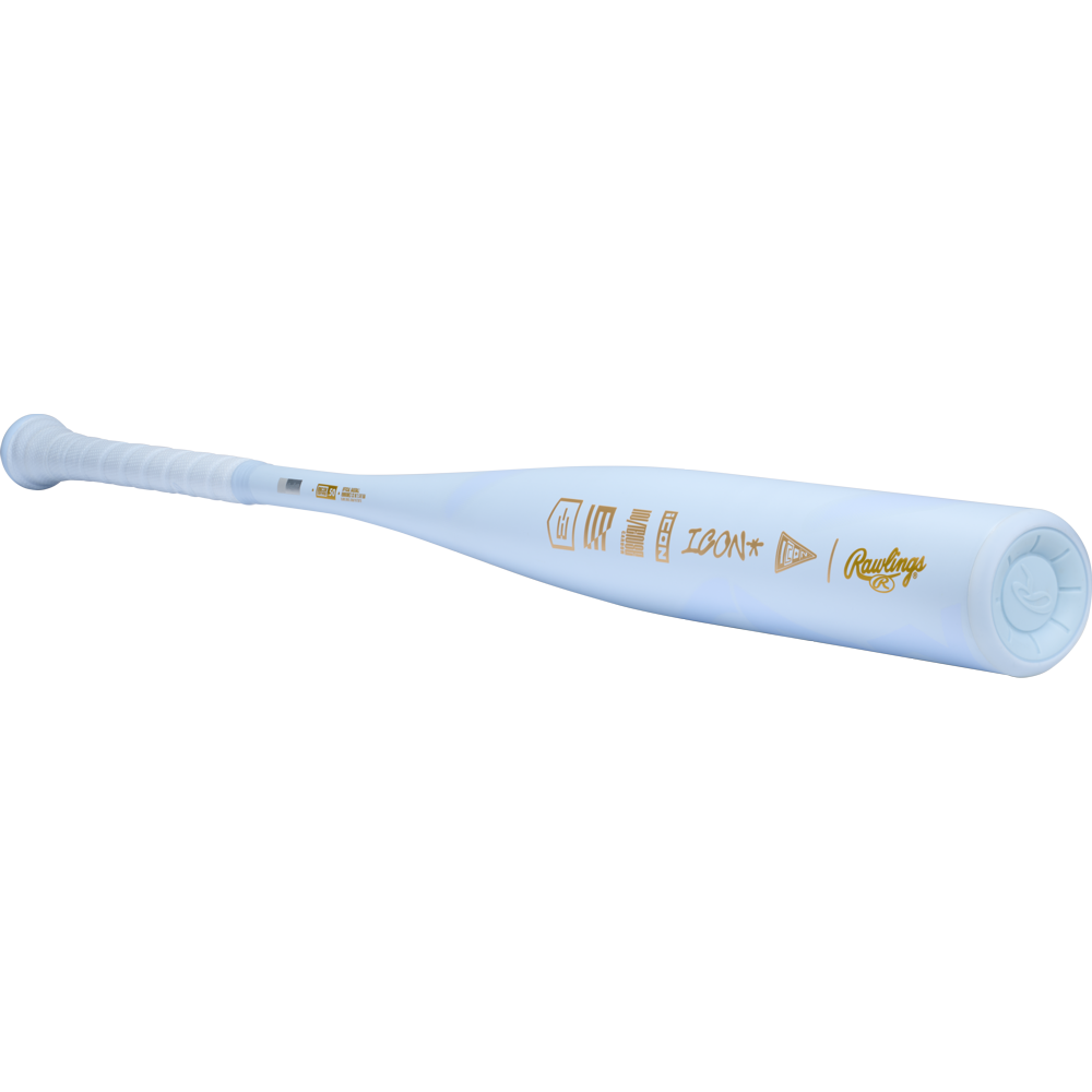 A white 2026 Rawlings Icon The Chosen One (-3) BBCOR Baseball Bat (RBB6IONE3) with gold Rawlings logos is shown from a low angle, with the one-piece composite bat tapering away from the camera.