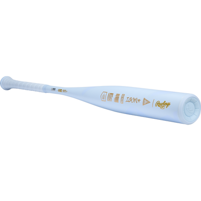 A white 2026 Rawlings Icon The Chosen One (-3) BBCOR Baseball Bat (RBB6IONE3) with gold Rawlings logos is shown from a low angle, with the one-piece composite bat tapering away from the camera.