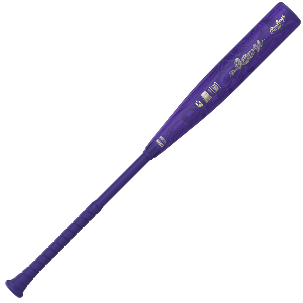 A purple 2027 Rawlings Icon (-3) BBCOR Baseball Bat (RBB7I3) featuring a wrapped grip and multiple small logos and text along the barrel, displayed on a white background.