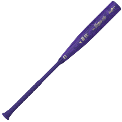 A purple 2027 Rawlings Icon (-3) BBCOR Baseball Bat (RBB7I3) featuring a wrapped grip and multiple small logos and text along the barrel, displayed on a white background.