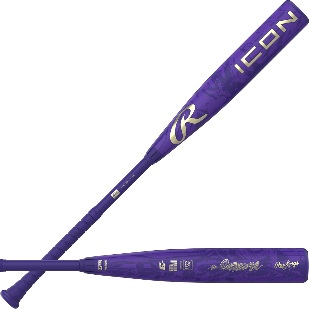 Two views of the 2027 Rawlings Icon (-3) BBCOR Baseball Bat: RBB7I3—a purple carbon composite bat from Rawlings featuring silver and gold accents—one image displaying the barrel and bold branding, the other highlighting the handle and clearly marked length; a standout example of a high-performance baseball bat.