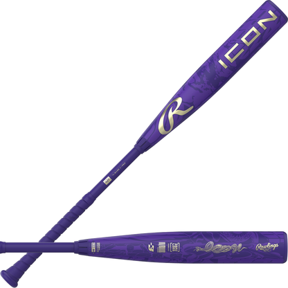 Two views of the 2027 Rawlings Icon (-3) BBCOR Baseball Bat: RBB7I3—a purple carbon composite bat from Rawlings featuring silver and gold accents—one image displaying the barrel and bold branding, the other highlighting the handle and clearly marked length; a standout example of a high-performance baseball bat.