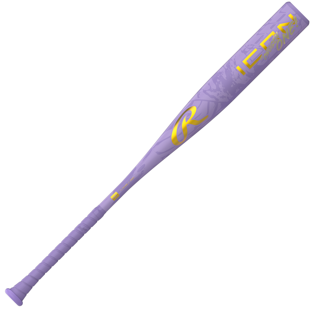 A striking purple 2027 Rawlings Icon The Chosen One (-3) BBCOR Baseball Bat (model RBB7IONE3) showcases bold yellow lettering and logo accents, a wrapped handle, and a matte barrel adorned with subtle patterns. This one-piece composite bat from Rawlings blends elite-level performance with standout style, making it a top choice among high-end BBCOR baseball bats.