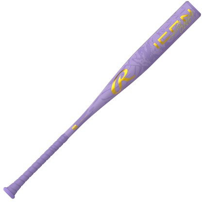A striking purple 2027 Rawlings Icon The Chosen One (-3) BBCOR Baseball Bat (model RBB7IONE3) showcases bold yellow lettering and logo accents, a wrapped handle, and a matte barrel adorned with subtle patterns. This one-piece composite bat from Rawlings blends elite-level performance with standout style, making it a top choice among high-end BBCOR baseball bats.