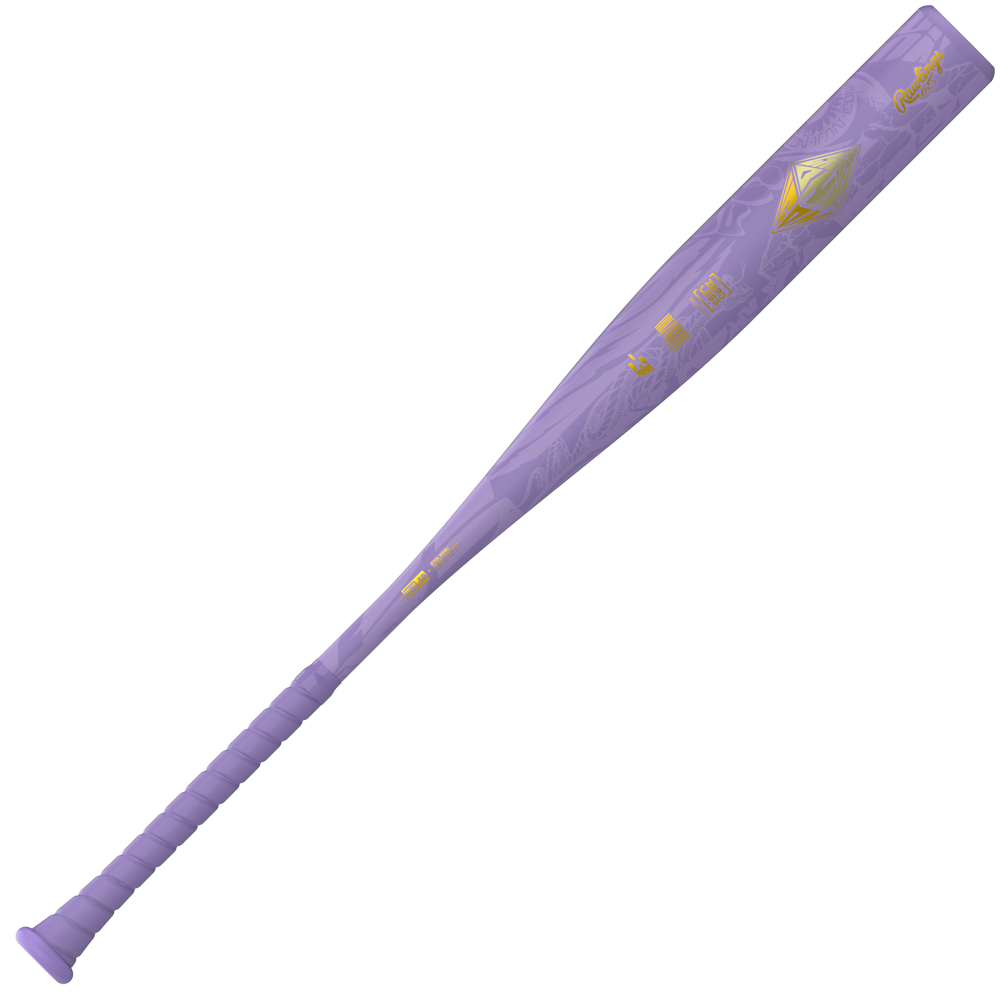 A purple Rawlings 2027 Icon The Chosen One (-3) BBCOR Baseball Bat (RBB7IONE3), featuring gold designs and text, with a wrapped handle and decorative barrel patterns. Inspired by high-performance models, this one-piece composite baseball bat from Rawlings combines striking aesthetics with advanced construction for serious players.