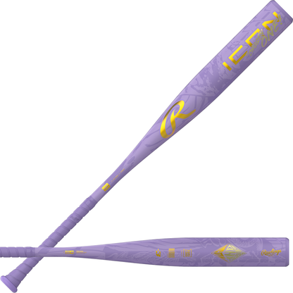 Two lavender-colored Rawlings Icon The Chosen One (-3) BBCOR baseball bats, featuring gold accents and textured patterns. One is displayed horizontally and the other diagonally, showcasing the Rawlings brand logo and intricate detailing that highlight the premium craftsmanship of these BBCOR bats.