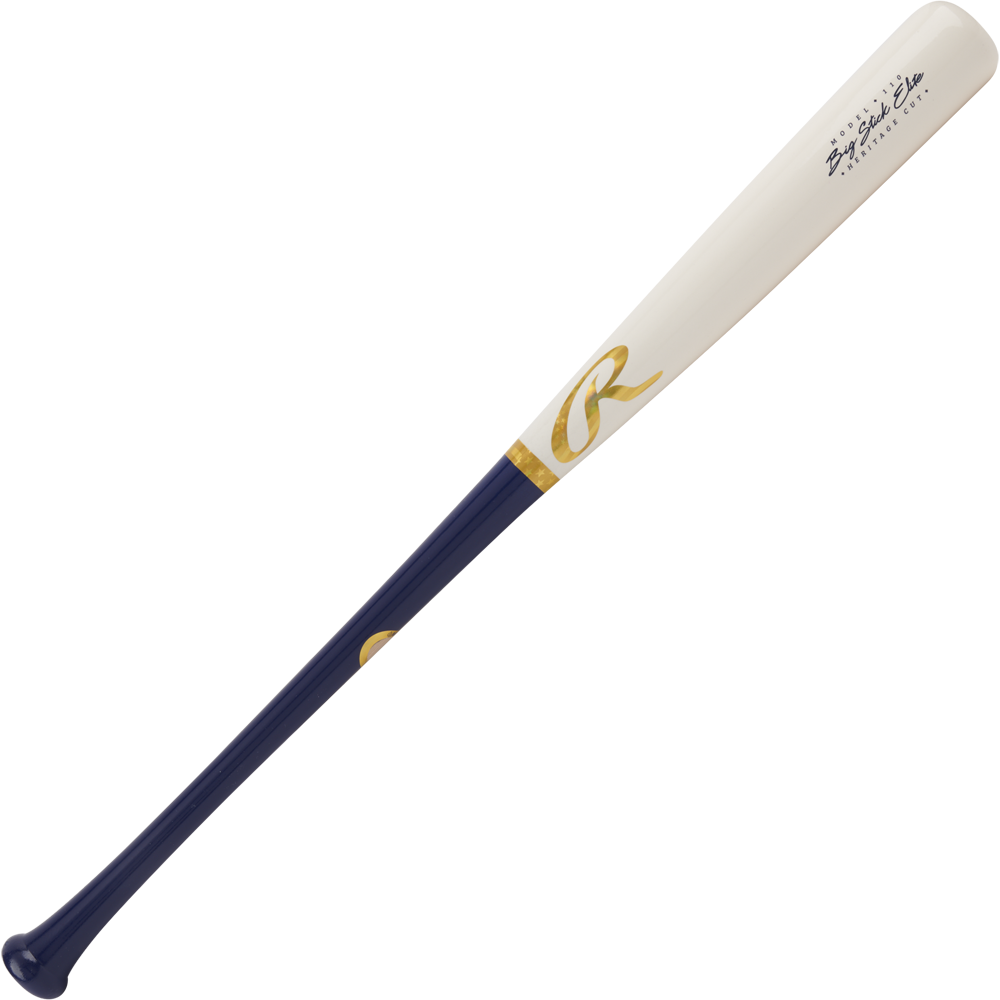 The Rawlings Big Stick Elite Birch Wood Baseball Bat (RBSB110) features a white barrel, dark blue handle, gold accents, and a logo near the tapered end. This Rawlings bat also has writing near the top of its birch wood barrel.