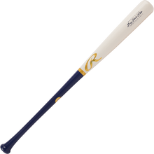 The Rawlings Big Stick Elite Birch Wood Baseball Bat (RBSB110) features a white barrel, dark blue handle, gold accents, and a logo near the tapered end. This Rawlings bat also has writing near the top of its birch wood barrel.