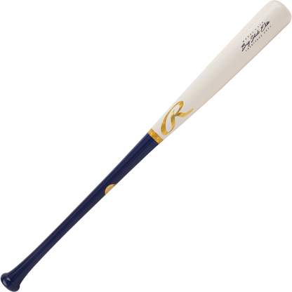 The Rawlings Big Stick Elite Birch Wood Baseball Bat (RBSB110) features a white barrel, dark blue handle, gold accents, and a logo near the tapered end. This Rawlings bat also has writing near the top of its birch wood barrel.