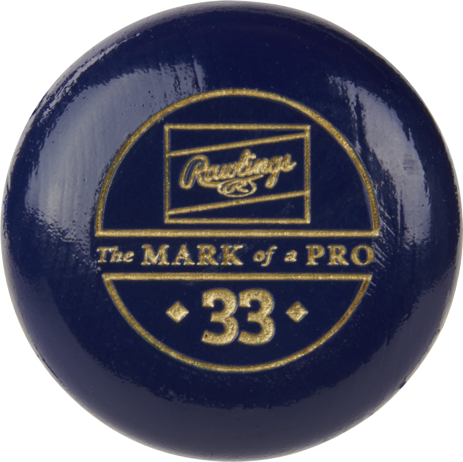 A dark blue Rawlings Big Stick Elite Birch Wood Baseball Bat (RBSB110) knob with gold lettering showing "Rawlings," "The Mark of a Pro," and the number 33 in a circle.