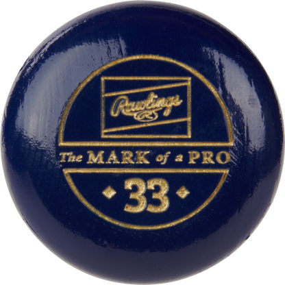A dark blue Rawlings Big Stick Elite Birch Wood Baseball Bat (RBSB110) knob with gold lettering showing "Rawlings," "The Mark of a Pro," and the number 33 in a circle.