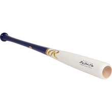 The Rawlings Big Stick Elite Birch Wood Baseball Bat: RBSB110 features a navy blue handle, white barrel, gold accents, and logo. This birch wood bat has a slightly flared, hollowed barrel end and showcases the iconic Rawlings branding.