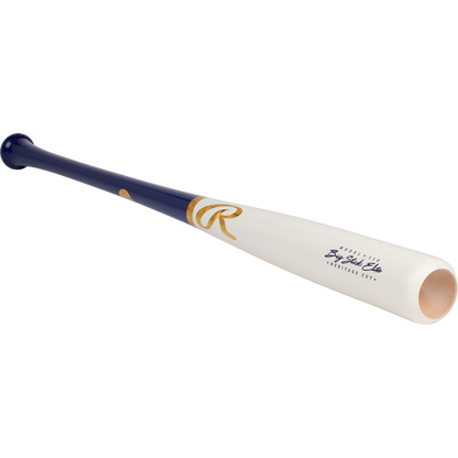 The Rawlings Big Stick Elite Birch Wood Baseball Bat: RBSB110 features a navy blue handle, white barrel, gold accents, and logo. This birch wood bat has a slightly flared, hollowed barrel end and showcases the iconic Rawlings branding.