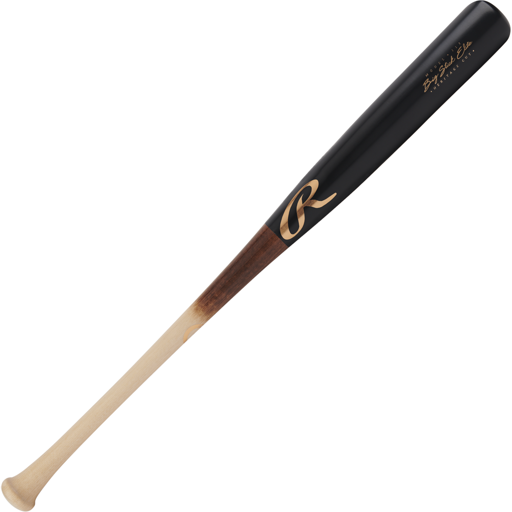 The Rawlings Big Stick Elite Birch Wood Baseball Bat (RBSBI13) features a natural light handle, dark brown midsection, and glossy black barrel with gold lettering and logo.