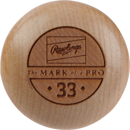 Close-up of the knob end of a Rawlings Big Stick Elite Birch Wood Baseball Bat: RBSBI13, engraved with the Rawlings logo, The MARK of a PRO, and 33—crafted from quality birch for pro-level performance.