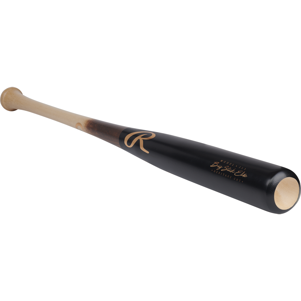 The Rawlings Big Stick Elite Birch Wood Baseball Bat (RBSBI13) features quality birch, a natural wood handle, black barrel with gold R logo and script, and is shown on a white background.