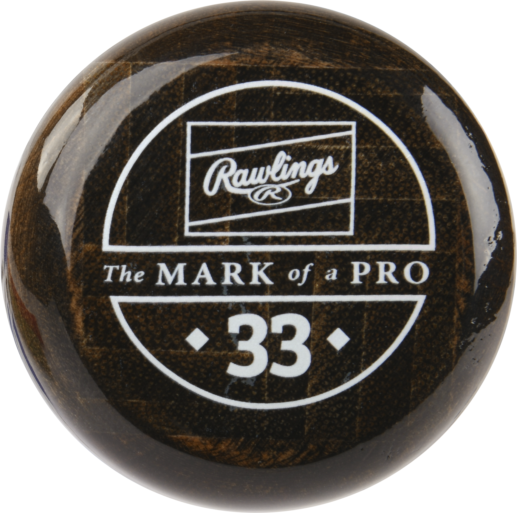 A close-up of the knob of a dark wooden Rawlings Big Stick Elite -3 Wood Composite Baseball Bat: RBSC110, featuring the Rawlings logo, “The MARK of a PRO,” and the number 33 in white.