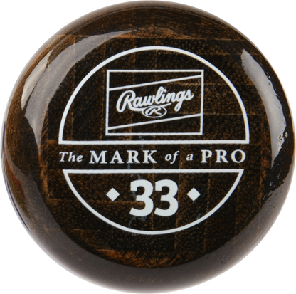 A close-up of the knob of a dark wooden Rawlings Big Stick Elite -3 Wood Composite Baseball Bat: RBSC110, featuring the Rawlings logo, “The MARK of a PRO,” and the number 33 in white.