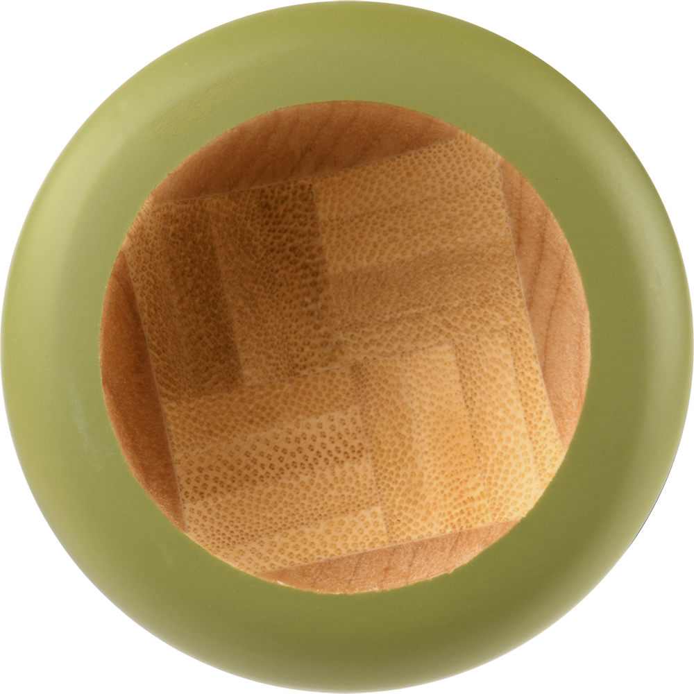 With a green outer rim and wooden center in a parquet pattern, the Rawlings Big Stick Elite -3 Wood Composite Baseball Bat: RBSC243 by Rawlings evokes the look of a maple bamboo composite bat end from above.