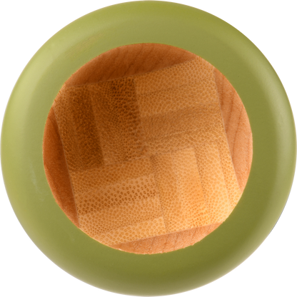 With a green outer rim and wooden center in a parquet pattern, the Rawlings Big Stick Elite -3 Wood Composite Baseball Bat: RBSC243 by Rawlings evokes the look of a maple bamboo composite bat end from above.