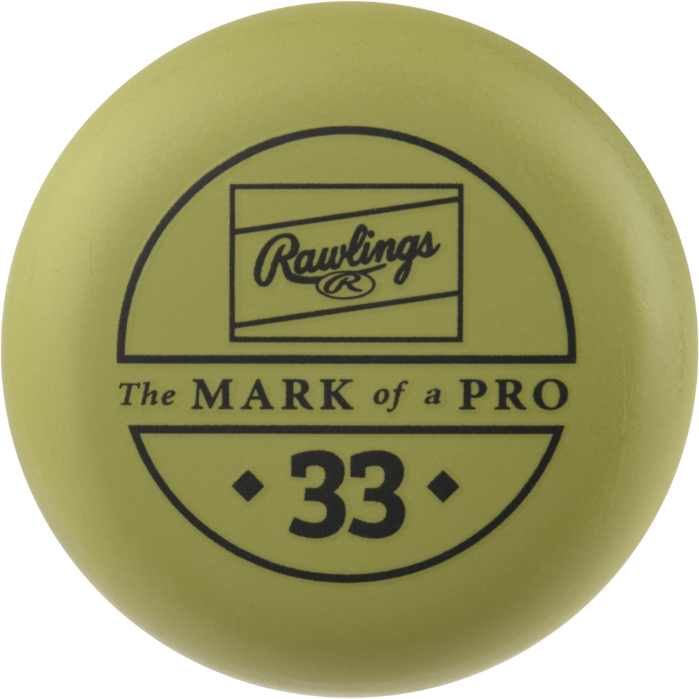 A yellow-green Rawlings bat knob sticker featuring the logo, "The MARK of a PRO," and number 33—ideal for your Rawlings Big Stick Elite -3 Wood Composite Baseball Bat: RBSC243 or any wood baseball bat.