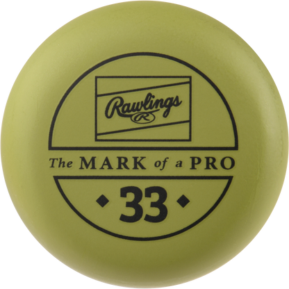 A yellow-green Rawlings bat knob sticker featuring the logo, "The MARK of a PRO," and number 33—ideal for your Rawlings Big Stick Elite -3 Wood Composite Baseball Bat: RBSC243 or any wood baseball bat.