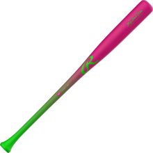 Rawlings Big Stick Elite Youth Maple/Bamboo Wood Composite Baseball Bat: RBSC6151 with a magenta barrel that fades to green at the handle, featuring a green logo and text.
