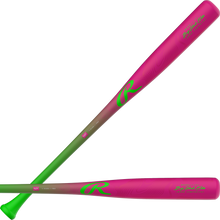 Two Rawlings Big Stick Elite Youth Maple/Bamboo Wood Composite Baseball Bat: RBSC6151 youth wood bats with a gradient fade from pink at the barrel to green at the handle, featuring bright green logos and lettering.