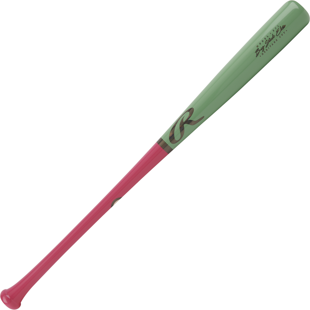 The Rawlings Big Stick Elite Maple Wood Baseball Bat (RBSM271) features a green upper half, pink lower half, gold R logo, and gold text near the top. Crafted from quality maple wood for superior performance.