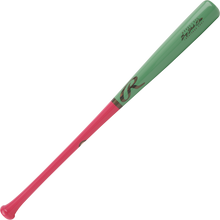The Rawlings Big Stick Elite Maple Wood Baseball Bat (RBSM271) features a green upper half, pink lower half, gold R logo, and gold text near the top. Crafted from quality maple wood for superior performance.