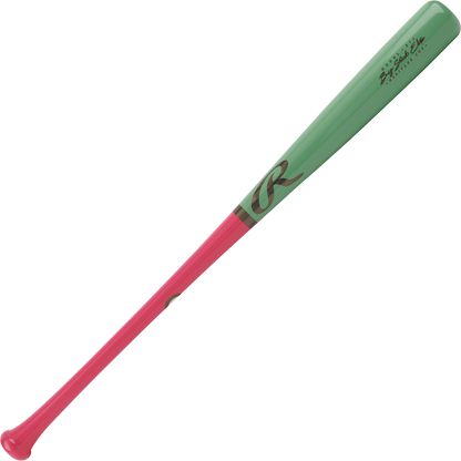 The Rawlings Big Stick Elite Maple Wood Baseball Bat (RBSM271) features a green upper half, pink lower half, gold R logo, and gold text near the top. Crafted from quality maple wood for superior performance.