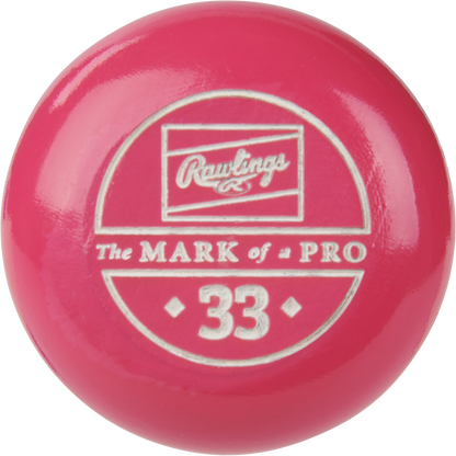 A vibrant pink knob sticker for the Rawlings Big Stick Elite Maple Wood Baseball Bat (RBSM271) features the Rawlings logo, "The Mark of a Pro," and the number 33 in white.