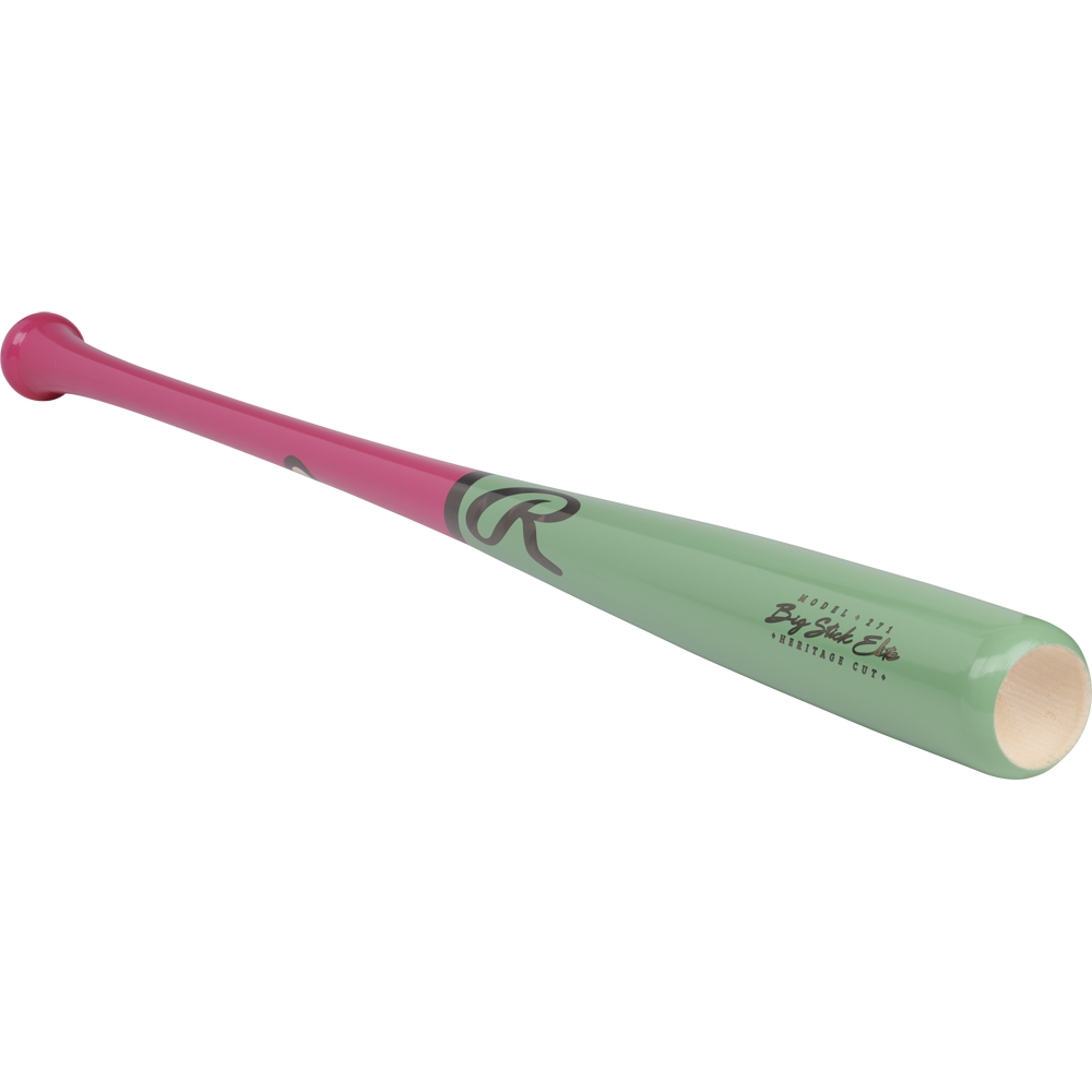 A Rawlings Big Stick Elite Maple Wood Baseball Bat (RBSM271) with a pink handle, green barrel, and black logo/text is shown against a plain white background.