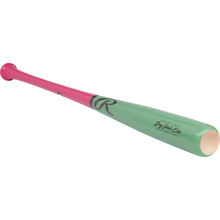 A Rawlings Big Stick Elite Maple Wood Baseball Bat (RBSM271) with a pink handle, green barrel, and black logo/text is shown against a plain white background.