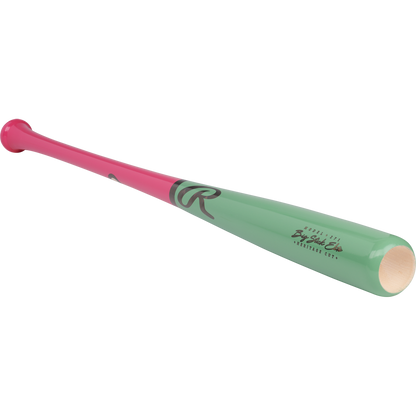 A Rawlings Big Stick Elite Maple Wood Baseball Bat (RBSM271) with a pink handle, green barrel, and black logo/text is shown against a plain white background.