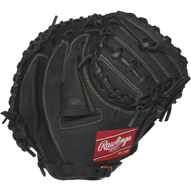The Rawlings Renegade 31.5" Baseball Catcher's Mitt (RCM315B) features a black design with tan stitching and a red Rawlings logo, offering game-ready performance for young players.