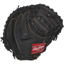 The Rawlings Renegade 31.5" Baseball Catcher's Mitt (RCM315B) features a black design with tan stitching and a red Rawlings logo, offering game-ready performance for young players.