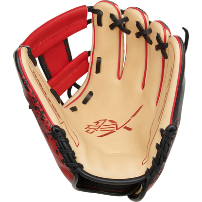 A close-up of the Rawlings REV1X 11.5" Baseball Glove (RREV204-2XCS) shows tan leather on the palm, bold red accents, black laces, and innovative 3D-printed design with logo and text in the center.