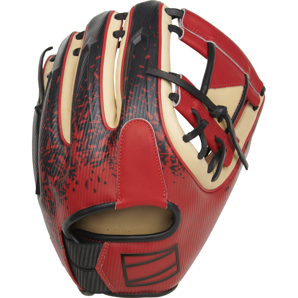 The Rawlings REV1X 11.5" Baseball Glove (RREV204-2XCS) features a red, black, and tan design with black laces, a digital pattern on the back, and a partially open web for modern style and advanced performance.