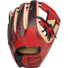The Rawlings REV1X 11.5" Baseball Glove (RREV204-2XCS) features a red, black, and tan design with black laces, a digital pattern on the back, and a partially open web for modern style and advanced performance.