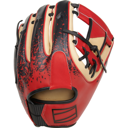 The Rawlings REV1X 11.5" Baseball Glove (RREV204-2XCS) features a red, black, and tan design with black laces, a digital pattern on the back, and a partially open web for modern style and advanced performance.