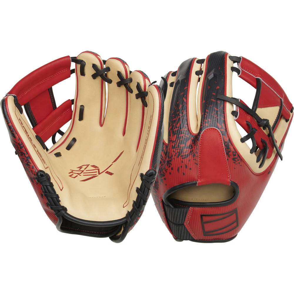 The Rawlings REV1X 11.5" Baseball Glove (RREV204-2XCS) features red and tan colors, black laces, and bold graphics, shown from both palm and back views on a white background.