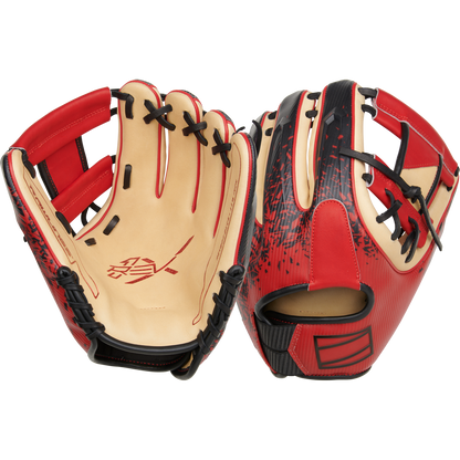 The Rawlings REV1X 11.5" Baseball Glove (RREV204-2XCS) features red and tan colors, black laces, and bold graphics, shown from both palm and back views on a white background.