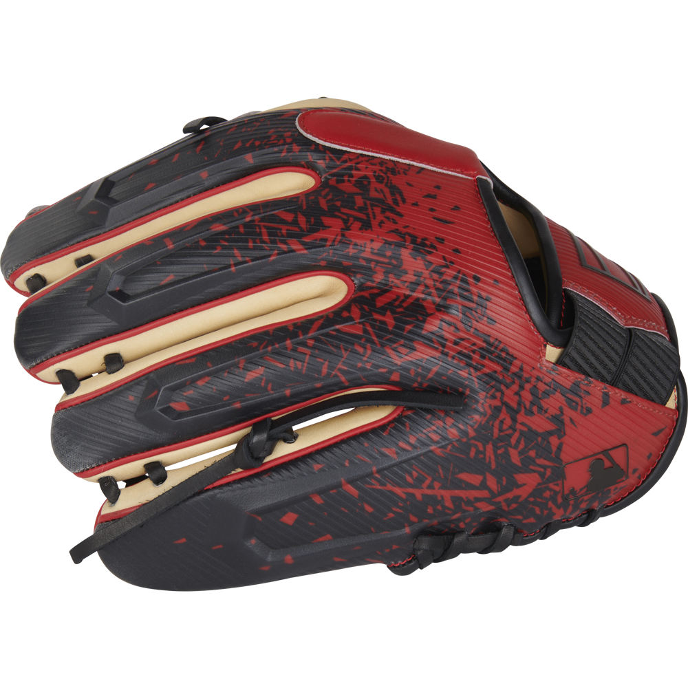 The Rawlings REV1X 11.5" Baseball Glove (RREV204-2XCS) boasts a bold red and black design with beige accents, splatter pattern, and black lacing—an infield glove built for standout style and performance.