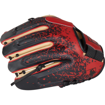 The Rawlings REV1X 11.5" Baseball Glove (RREV204-2XCS) boasts a bold red and black design with beige accents, splatter pattern, and black lacing—an infield glove built for standout style and performance.