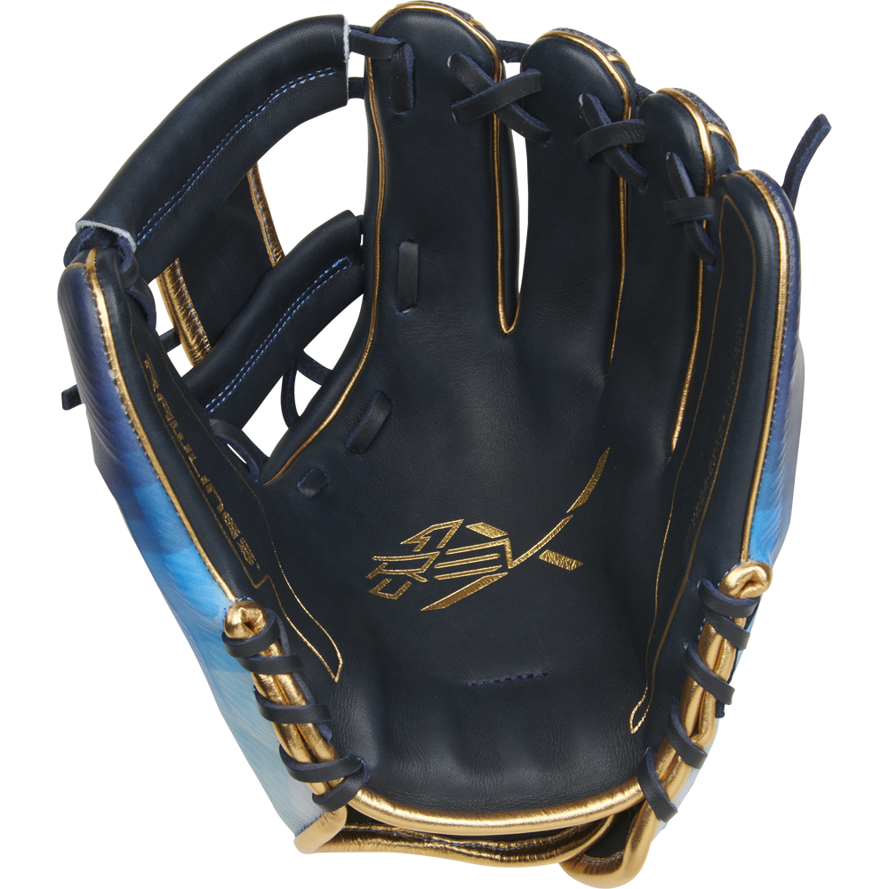 The Rawlings REV1X 11.5" Baseball Glove (RREV204-2XNG) features navy blue and gold colors, blue accents, gold stitching, a stylized gold palm logo, open webbing, and an unused infield design.