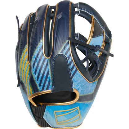 A Rawlings REV1X 11.5" Baseball Glove (RREV204-2XNG) by Rawlings rests on a white background, highlighting its advanced 3D-printed construction and modern infield design.