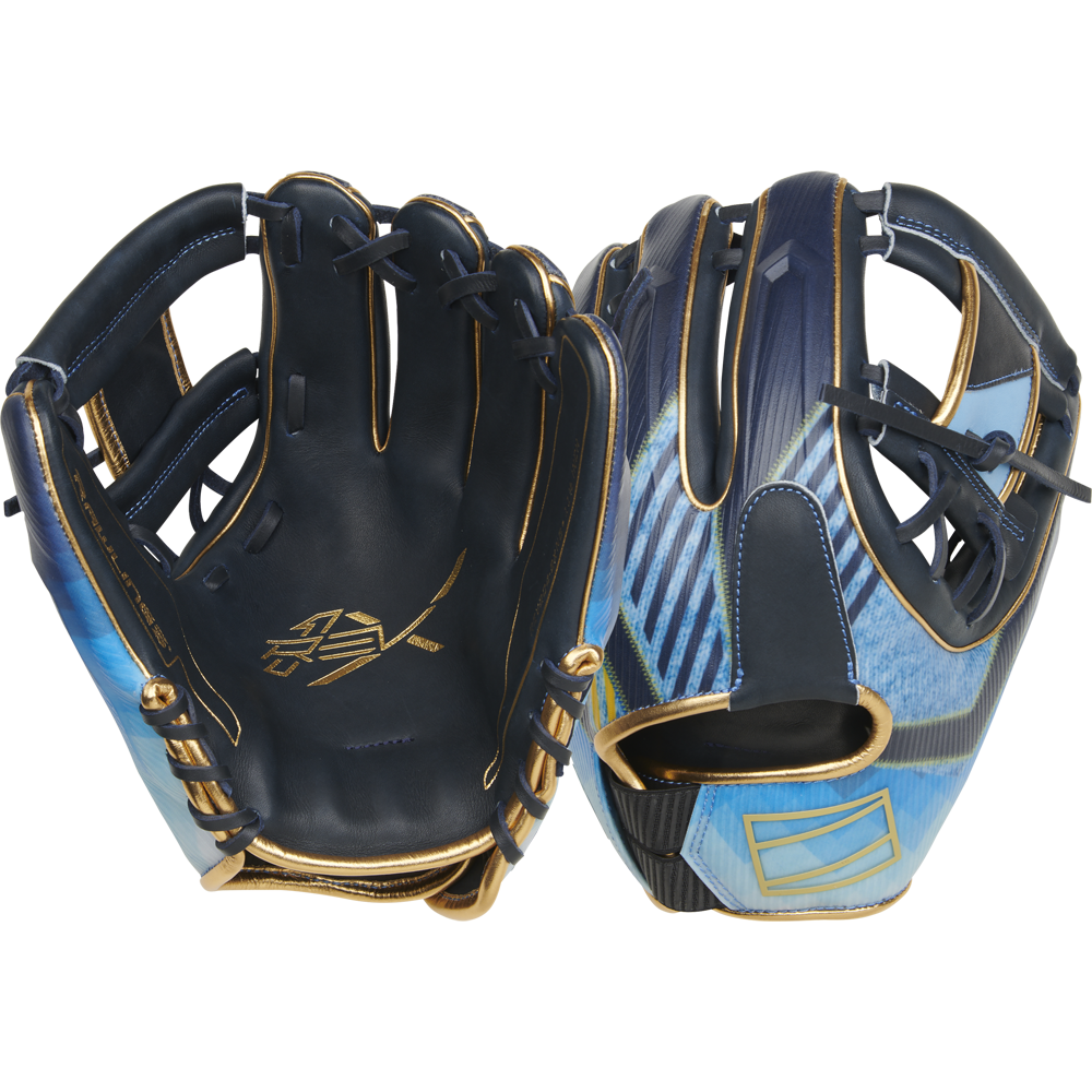 Two Rawlings REV1X 11.5" baseball gloves (RREV204-2XNG) are shown in blue and black with gold trim, featuring unique graphic designs—one displays the palm, the other the back with patterned exterior and open webbing.